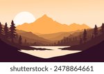 Vector orange mountain landscape with clear sky, sunset behind the mountains and silhouettes of trees and calm lake water