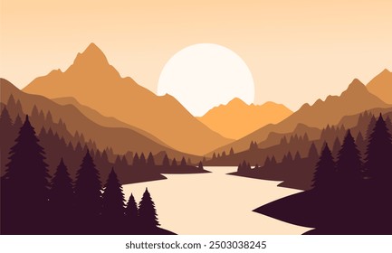 Paisaje montañoso de color naranja Vector con cielo despejado, puesta de sol detrás de las montañas y siluetas de árboles y aguas tranquilas del lago