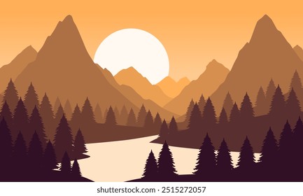 Vektor orangefarbene Berglandschaft mit klarem Himmel, Sonnenuntergang hinter den Bergen und Silhouetten von Bäumen und ruhigen See Wasser