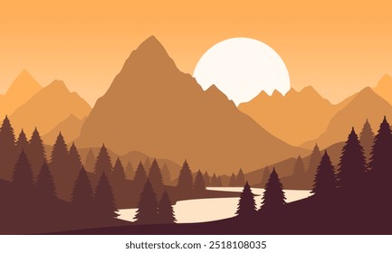 Vector orange mountain landscape with clear sky, sunset behind the mountains and silhouettes of trees and calm lake water