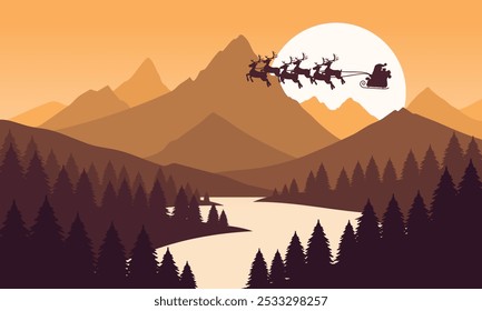 Paisaje de Vector naranja con cielo despejado, Santa Claus, Navidad, puesta de sol detrás de las montañas y siluetas de árboles y aguas tranquilas del lago