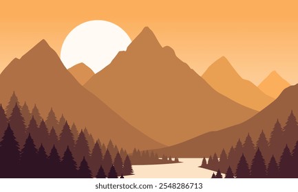 Vector orange mountain landscape with clear sky, sunset behind the mountains and silhouettes of trees and calm lake water