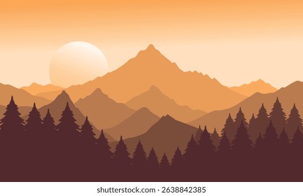 Vector orange mountain landscape with clear sky, sunset behind the mountains and silhouettes of trees 