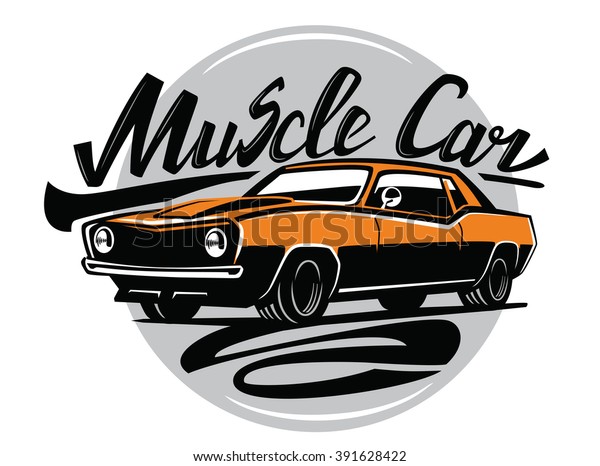 vector orange\
muscle car icon on white\
background