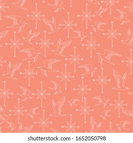 Vector orange nautic wind roses and segulls seamless pattern background texture