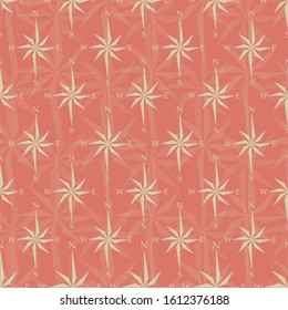 Vector orange nautical seamless pattern background with wind rose compass