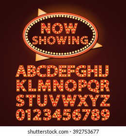 Vector orange neon lamp letters font show cinema or theather