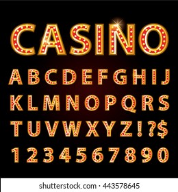 Vector orange neon lamp letters font show casino or theather