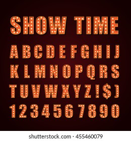 Vector orange neon lamp letters font show cinema or theather