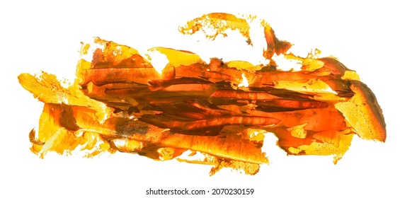 Vector orange oil brush stroke. Abstract varnish splash trace shape. Glossy hand drawn oil paint smear on white background. EPS10 illustration.