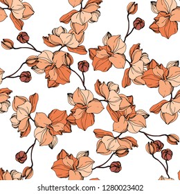 Vector Orange orchid. Floral botanical flower. Wild spring leaf wildflower isolated. Engraved ink art. Seamless background pattern. Fabric wallpaper print texture.