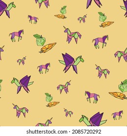 Vector Orange Origami pegasus and unicorns with apple and carrots background pattern