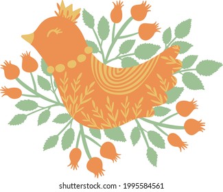 Vektor-orange-Ornament-Vogel mit Blättern, Rosenhippe, Kronen