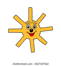 A Vector orange outline illustration of the fun sun isolated on a white background