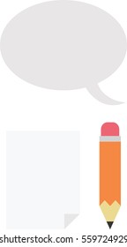 Vector orange pencil with blank paper and grey speech bubble.