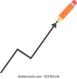 Vector orange pencil drawing black graph arrow pointing up.