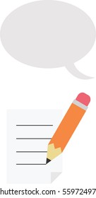 Vector orange pencil drawing lines on paper with grey speech bubble.