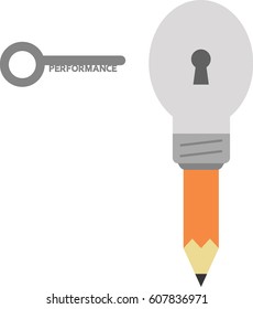 Vector orange pencil with grey light bulb tip and keyhole and grey performance key.