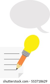 Vector orange pencil with yellow light bulb tip with lined paper and grey speech bubble.