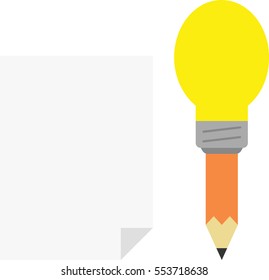 Vector orange pencil with yellow light bulb tip with blank paper.