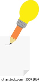 Vector orange pencil with yellow light bulb tip drawing line on paper.