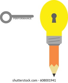 Vector orange pencil with yellow light bulb tip and keyhole and grey performance key.