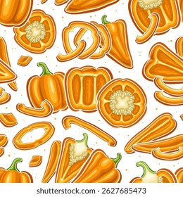 Vector Orange Pepper Seamless Pattern, decorative background with flying sweet pepper with seeds, square poster with group of flat lay still life composition of orange bell peppers on white background