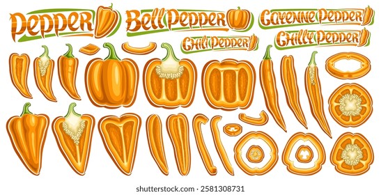 Vector Orange Pepper Set, collection of cut out outline illustrations of various sweet and raw spicy peppers with seeds, group of variety parts and strips of orange bell peppers on white background