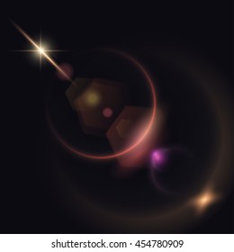 Vector orange and pink flare effect. Light bokeh effects and hexagons on dark background. Release clipping mask for work.