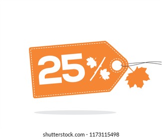 Vector orange price tag label with 25% text and stitches on it and with a leaf and shadow isolated on white background. For autumn sale campaigns. 
