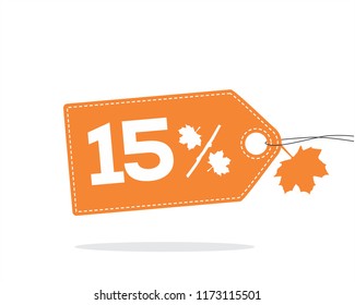 Vector orange price tag label with 15% text and stitches on it and with a leaf and shadow isolated on white background. For autumn sale campaigns. 
