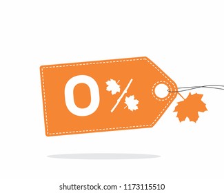 Vector orange price tag label with 0% text and stitches on it and with a leaf and shadow isolated on white background. For autumn sale campaigns. 

