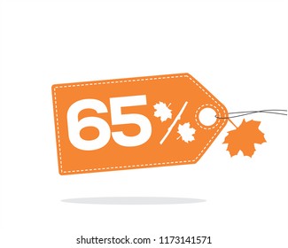Vector orange price tag label with 65% text and stitches on it and with a leaf and shadow isolated on white background. For autumn sale campaigns. 
