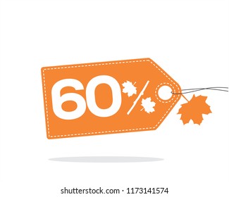 Vector orange price tag label with 60% text and stitches on it and with a leaf and shadow isolated on white background. For autumn sale campaigns. 
