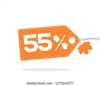 Vector orange price tag label with 55% text and stitches on it and with a leaf and shadow isolated on white background. For autumn sale campaigns. 
