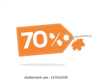 Vector orange price tag label with 70% text and stitches on it and with a leaf and shadow isolated on white background. For autumn sale campaigns. 
