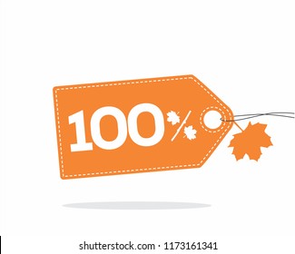 Vector orange price tag label with 100% text and stitches on it and with a leaf and shadow isolated on white background. For autumn sale campaigns. 
