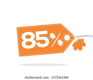 Vector orange price tag label with 85% text and stitches on it and with a leaf and shadow isolated on white background. For autumn sale campaigns. 

