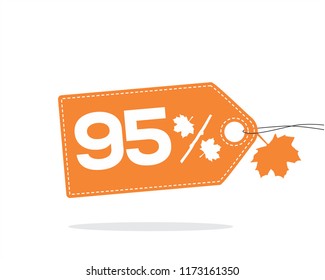 Vector orange price tag label with 95% text and stitches on it and with a leaf and shadow isolated on white background. For autumn sale campaigns. 
