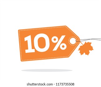 Vector orange price tag label with 10 percent text, stitches and a leaf on it isolated on white background with shadow. For autumn sale campaigns. 
