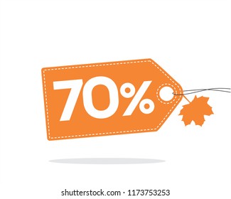 Vector orange price tag label with 70 percent text, stitches and a leaf on it isolated on white background with shadow. For autumn sale campaigns. 
