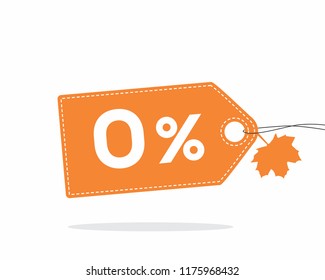 Vector orange price tag label with 0% text, stitches and a leaf on it isolated on white background with shadow. For autumn sale campaigns. 