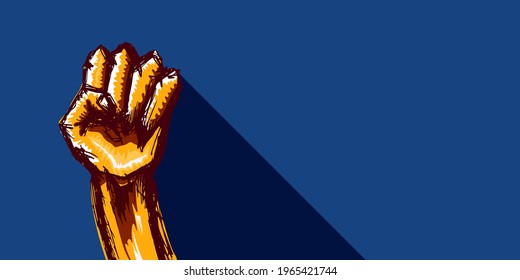 Vector orange protest fist isolated on blue horizontal banner background. 1 may Labor day concept illustration with man hand rised fist in the air. Mayday graphic horizontal banner design template