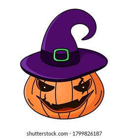 Calabaza naranja vectora con sombrero de bruja morada. Cara espeluznante. Imagen de color para Halloween. Ilustración para la decoración de vacaciones de temporada, tarjeta de saludo, pegatinas, cuadernos, pancartas 