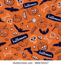 Vector orange pumpkins bats bones seamless pattern