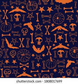 Vector orange pumpkins bats bones seamless pattern