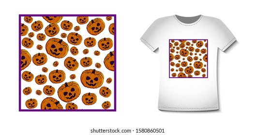 Vector orange pumpkins in a purple square frame. Illustration for t-shirt prints