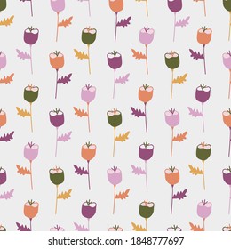 Vector orange purple pink fall harvest tulip flowers seamless pattern background. Perfect for fabric, wallpaper, scrapbooking projects.