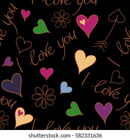Vector orange, purple and violet hearts, chamomile flower and I love you text seamless pattern on black background. Multicolor seamless pattern on a black.
