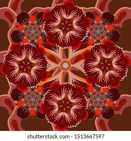 Vector orange, red and brown texture, motley lines and grids seamless pattern, curved metal, foil background with 3D visual effects.